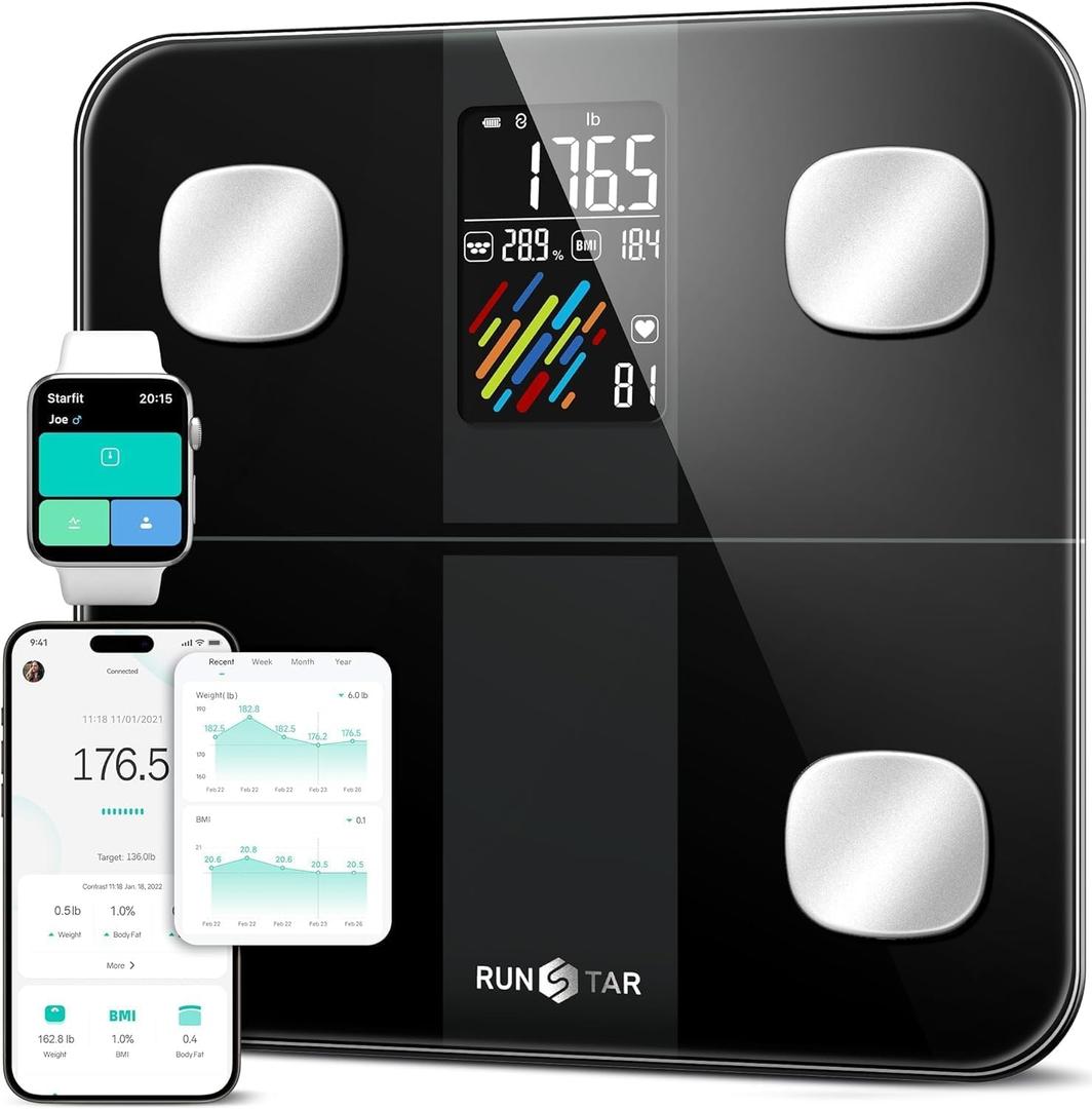 RunStar Smart Scale for Body Weight and Fat Percentage, High Accuracy Digital Bathroom Scale with Large Display for BMI Heart Rate 22 Body Composition Analyzer Sync with Fitness App 400lb