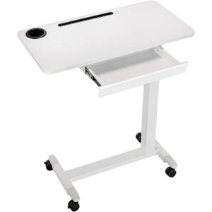 Height Adjustable Overbed Table with Drawer and Wheels, Rolling Standing Laptop Desk, Portable Bedside Tables with Slot, Cup Holder, Mobile Pneumatic Computer Cart, White Height Adjustable Overbed Table with Drawer and Wheels, Rolling Standing Laptop Desk, Portable Bedside Tables with Slot, Cup Holder, Mobile Pneumatic Computer Cart, White