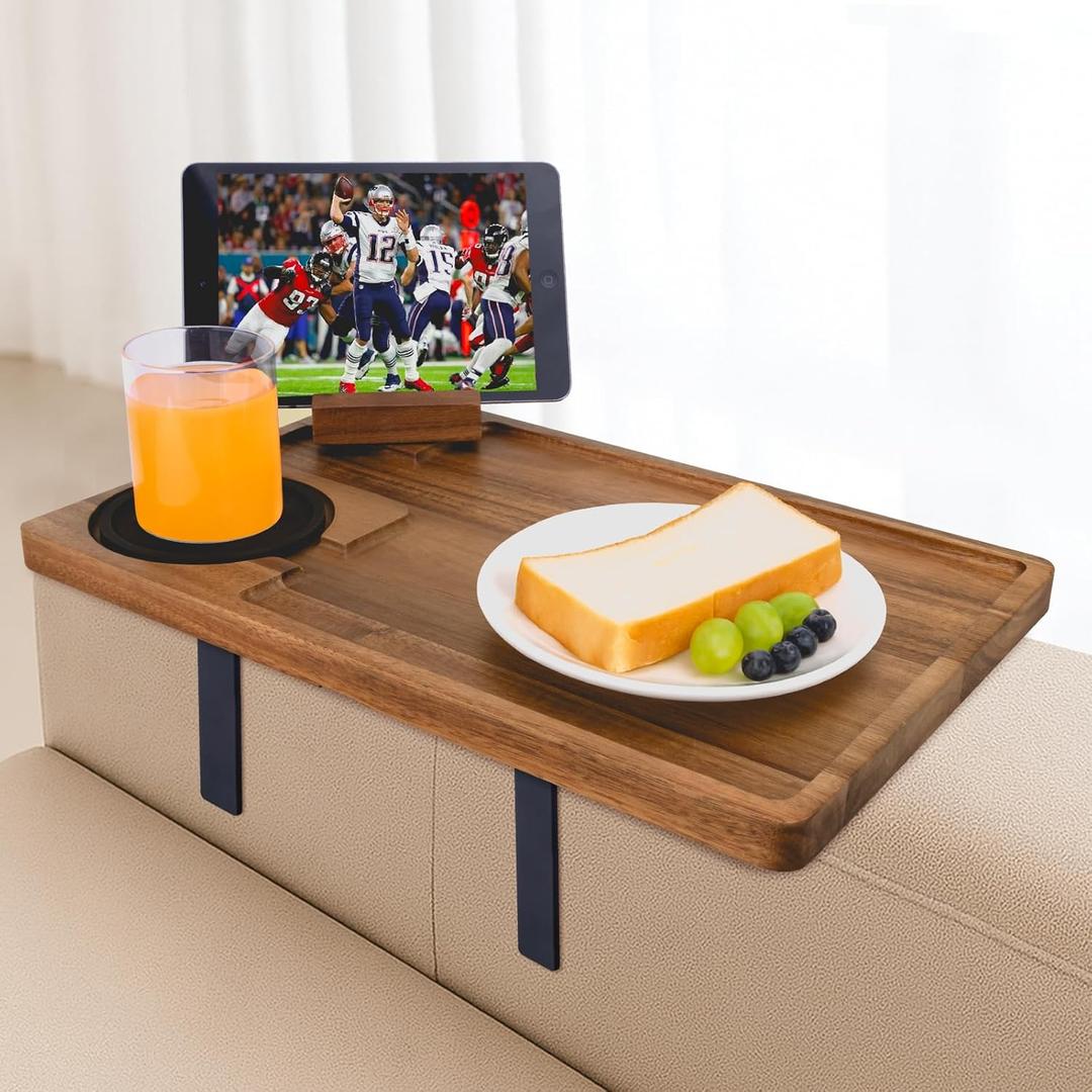 Couch Armrest Table, Acacia Wood Sofa Arm Tray with Adjustable Metal Clamp, Sofa TV Tray with Rotating Phone Holder for Snacks Drink Remotes, Include Black Coaster