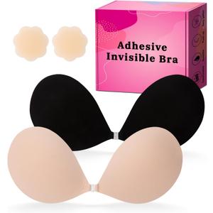 Invisible Strapless Sticky Bra Push up for Women, Adhesive Bra for Backless Dress, Silicone Cleavage Lift with Nipple Covers (Cream+black)