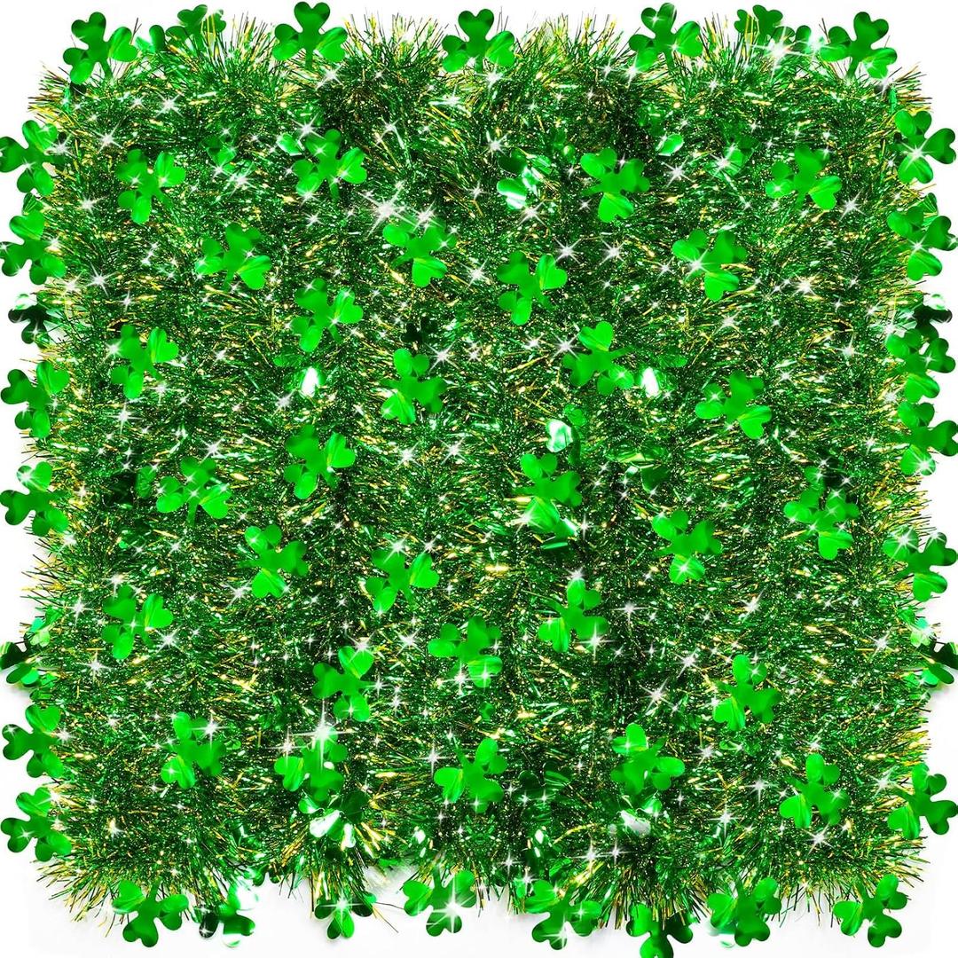 3 Pack Total 49.2 Ft St Patricks Day Garland Green Gold Shamrock Tinsel Garland Metallic Streamer Hanging St Patricks Day Decorations for Home Indoor Outdoor Irish Party Supplies, Each 16.4 Ft by 4.3"
