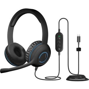 Cyber Acoustics USB-C Headset with Microphone for PC (AC-5014), Wired Computer Headphones with Noise Cancelling Mic, in-Line Volume and Mute Controls. Ideal Headset for Office, Classroom & at Home