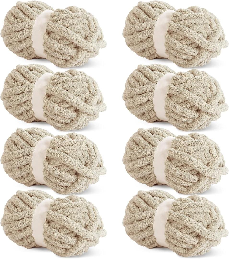 HOMBYS Khaki Chunky Chenille Yarn for Crocheting, Bulky Thick Fluffy Yarn for Knitting, Super Bulky Chunky Yarn for Hand Knitting Blanket, Soft Plush Yarn, 8 Jumbo Pack (27 yds,8 oz Each Skein)