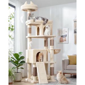 Globlazer Heavy Duty Cat Trees for Large Cats, Sturdy 72in Maine Coon Cat Tree for Large Cat 20 lbs+ Heavy Duty Cat Tower for Adult Biggest Cats with 6 Scratching Posts, Hammock, S72, Beige