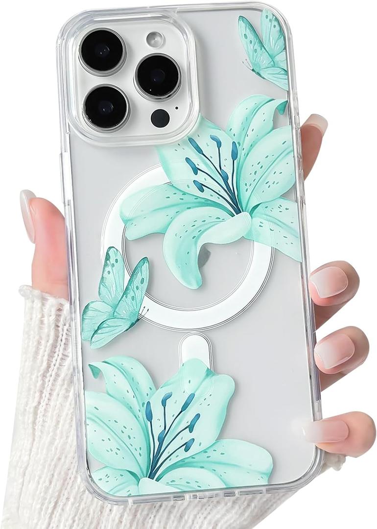 NITITOP Compatible with iPhone 16 Pro Case Clear Magnetic Compatible with MagSafe Cute Lily Flowers Floral for Women Girls Hard PC Back Shockproof Protective Phone Cover - Green