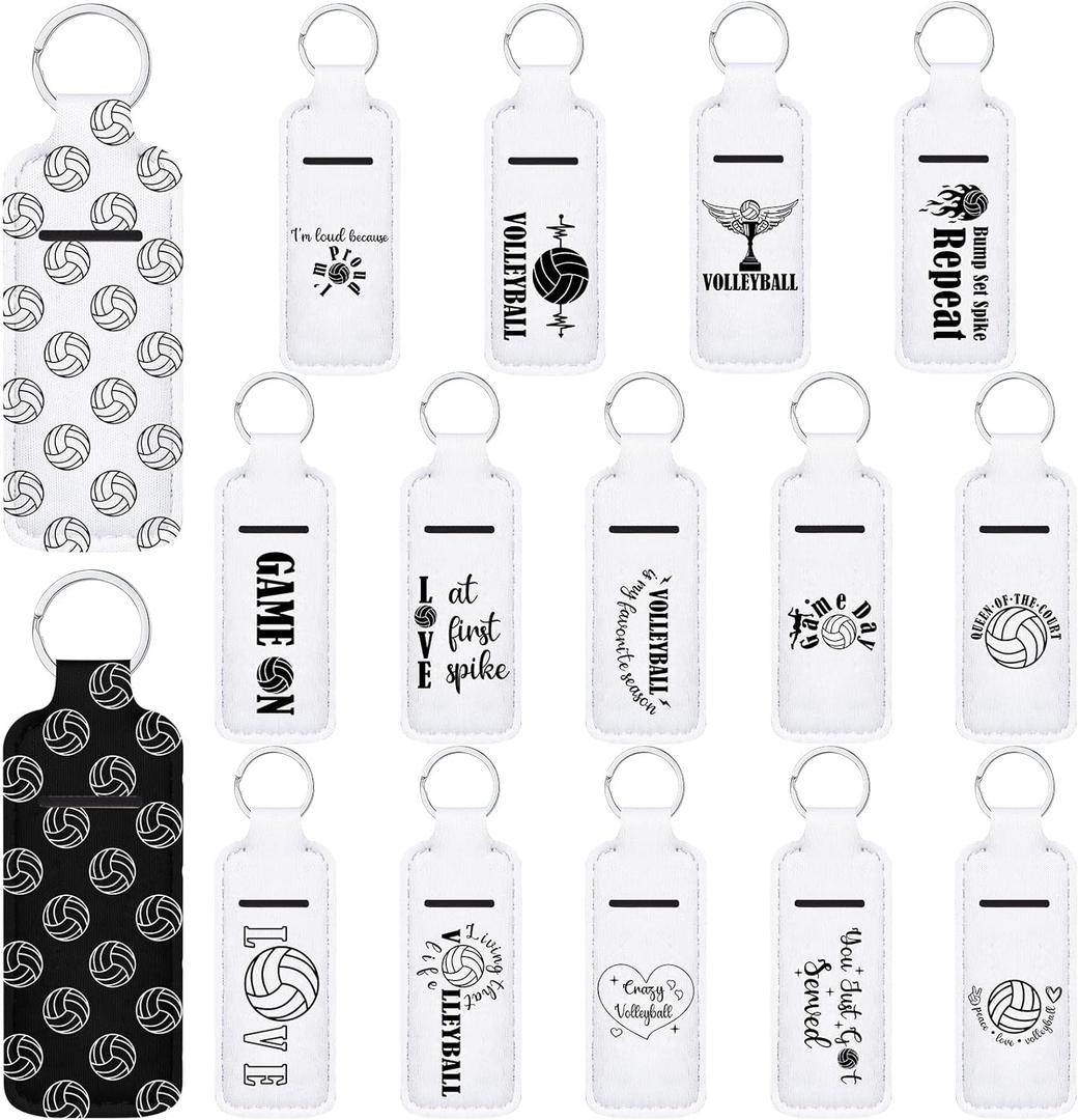 16 Pcs Volleyball Lipstick Holder Keychains Bulk Volleyball Clip on Lipstick Balm Holder Keychain Sleeve Pouch Gifts for Women Sports Lover Team Gifts