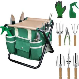 LeMotech Garden Tool Set,10 Pieces Heavy Duty Gardenting Tool Kit, Folding Stool with Detachable Tote Bag, Thicker Stainless Steel Tools (Trans-Planter,Trowel,Weeder etc.) for Women Men