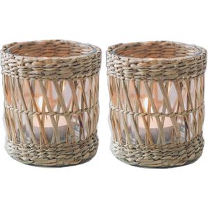 Wicker Rattan Woven Tea Light Candle Holder Set of 2, Handcraft Woven Votive Candle Holder, Rustic Vintage Seagrass Glass Votive Candle Holders for Dining Table Christmas Decoration
