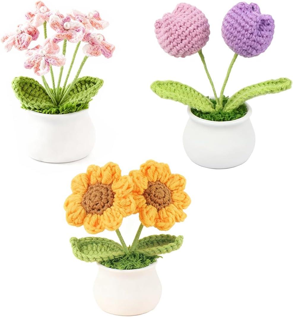 3pcs Crochet Flowers Pot Set with Sunflower Tulips and Forget Me Not Small Potted Flowers Handmade Crochet Gift for Mom Wife Mothers Day Valentines Birthday Decor for Home Office or Car