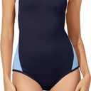 Beautikini Period Swimwear One Piece Leakproof Menstrual Swimsuit Racerback Color Block Bathing Suit for Teen Girls Women (Small, Naval Academy/White/Blue)