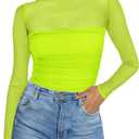 Poetsky Women's Sexy Sheer Long Sleeve Tops Mock Turtle Neck Mesh Ruched Fall Trendy Going Out Shirt Fitted Blouse 2026 (Neon Green, XL)