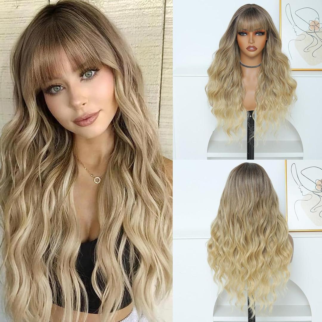 Blonde Wig for Women, Long Ombre Blonde Wavy Wig with Bangs 26 Inch Wigs Natural Looking Heat Resistant Synthetic Wig for Daily Party Use