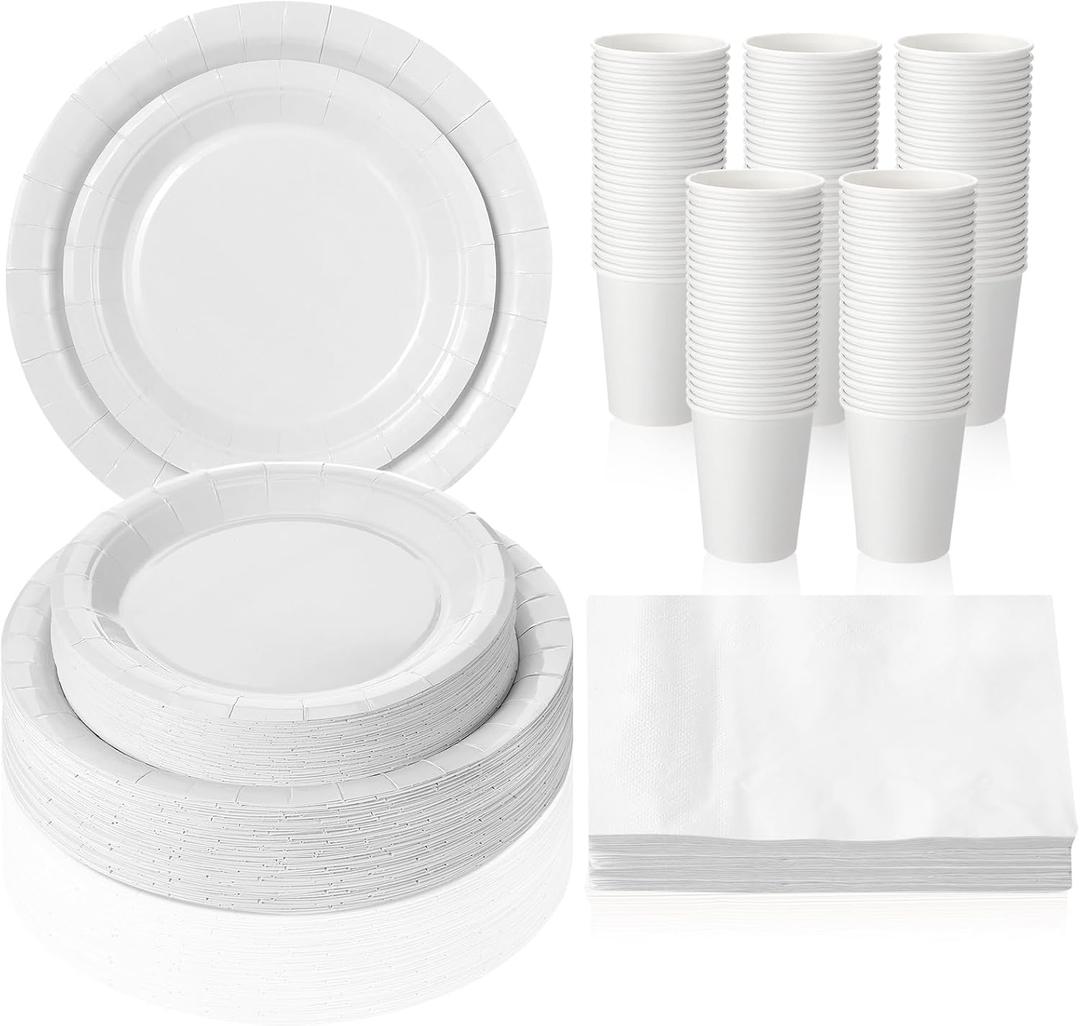 Tioncy 200 Pcs Disposable Paper Plates Cups and Napkins Christmas Party Supplies Serve 50 Guests Disposable Paper Dinnerware Set for Birthday Wedding Baby Shower Family Picnic(Sand White)