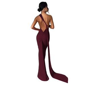 Women's Sexy One Shoulder Backless Maxi Dress Elegant Ruched O Ring Sleeveless Evening Dress Long Gown Cocktail Dresses Red.XS