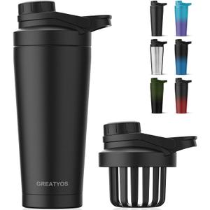 Stainless Steel Shaker Bottle with Noise-Free Design - Patented 24 oz Insulated Metal Shakers Bottles Cup for Protein Mixes and Pre Workout 100% Leak Proof (Black)