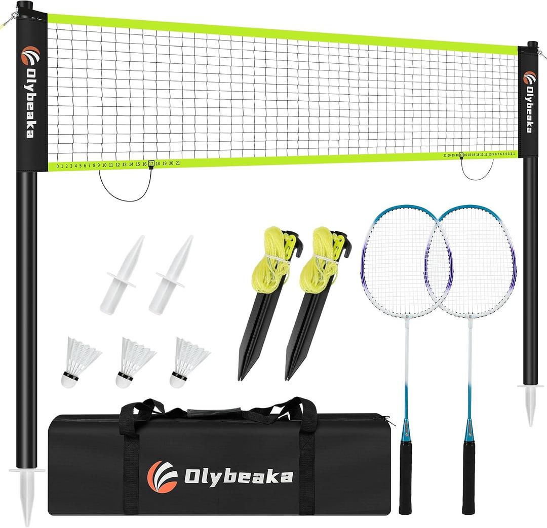 12FT Badminton Net Set for Backyard with Durable Anti-Sag Net, Heavy Duty Steel Poles, 2 Aluminum Rackets, 3 Shuttlecocks, Easy-Carry Bag - Easy Setup & Stable