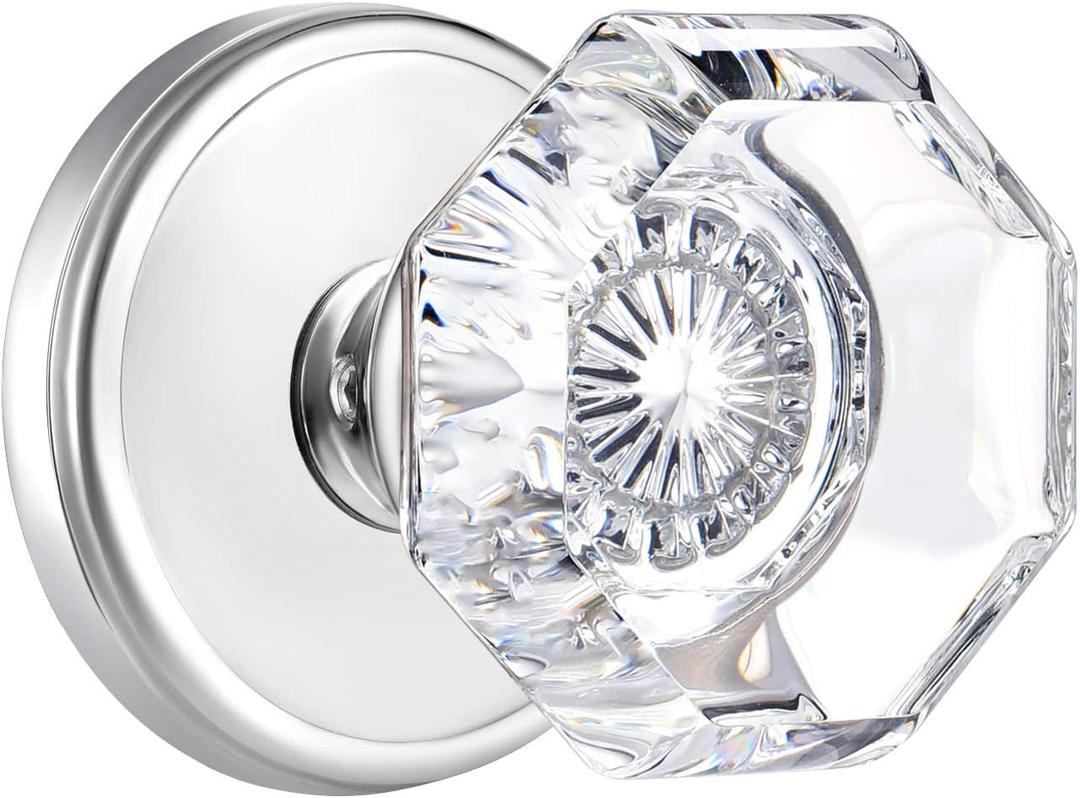 Passage Glass Door Knobs Interior, Octagon Crystal Door Knobs for Hall and Closet, Polished Chrome