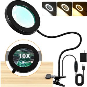 10X Magnifying Glass with Light and Timer, 2 in 1 Magnifying Desk Lamp, 3 Color Modes 10 Dimmable Brightness, Flexible Gooseneck Magnifier with Light for Craft Hobby Painting Sewing Close Work