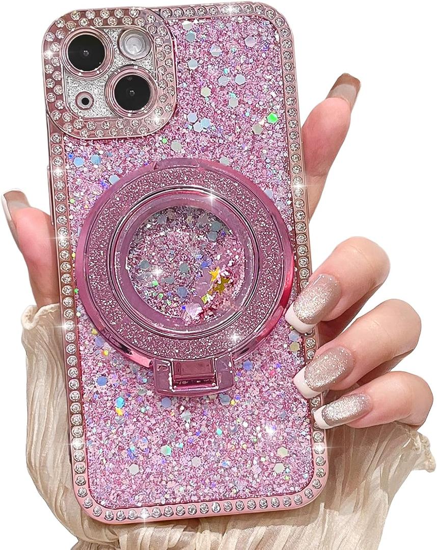 NITITOP Compatible with iPhone 14 Case with Quicksand Stand Holder Pink Glitter Sequin Design for Girls Women Luxury Bling Diamond Frame Soft TPU Shockproof Protective Phone Cover - Pink