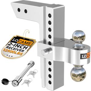 LOCAME Adjustable Trailer Hitch, Fits 2-Inch Receiver Only, 10-Inch Drop/Rise Aluminum Drop Hitch, 12,500 LBS GTW-Tow Hitch for Heavy Duty Truck with Double Stainless Steel Locks, Silver, LC0005