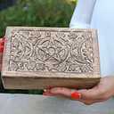 DharmaObjects Hand Carved Jewelry Trinket Keepsake Wooden Storage Box (Triple Moon, Large) Hamsa 8x5