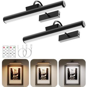 Wireless Picture Light with Remote, Battery Operated Wall Sconce 5000mAh, 3 Color Modes and Dimmable LED Wall Lights with Timer for Painting, Frame, Gallery, Dartboard, Bedroom (Black-2Pack)