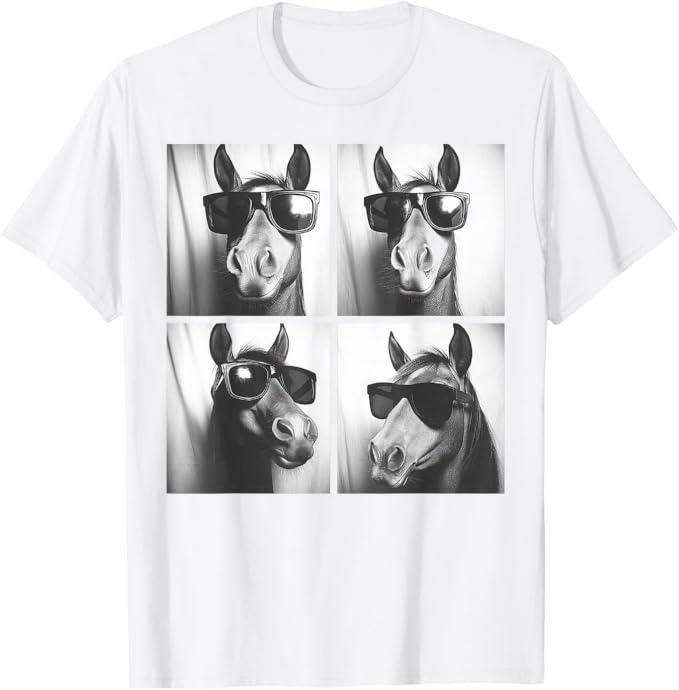 Funny Horse Wearing Sunglasses Photobooth Selfie Farm Animal T-Shirt (White, M)
