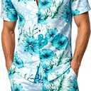 JOGAL Men's Flower Casual Button Down Short Sleeve Hawaiian Shirt Suits (L)