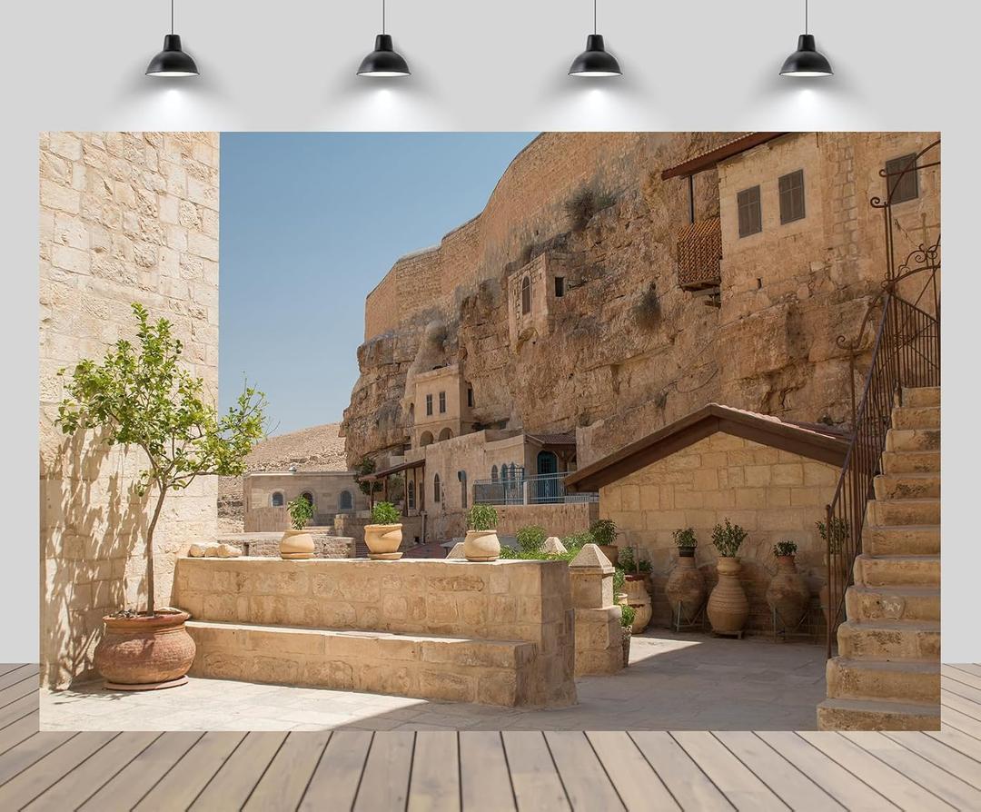 7ftx5ft Retro Jerusalem City Street Backdrop for Photography Vintage Building Monastery Yard Scenery Background for Ancient Background Photo Booth Studio Props (7x5FT, B1-C43)