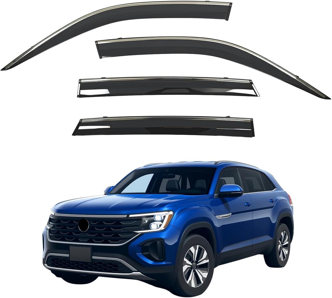 Window Visors Rain Guards Fits 2020-2026 VW Atlas Cross Sport | Out-Channel Tape-On, Shatterproof Window Wind Deflectors, Extra Durable Vent Shades, Black with Stainless Steel Chrome Trim
