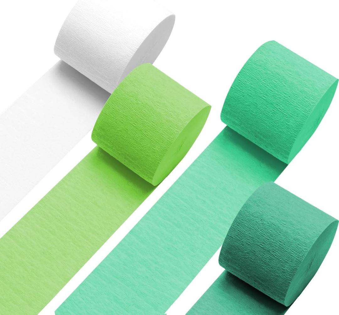 3 x Green Crepe Streamers 4 Rolls 328ft, White Peach Party Streamers, Crepe Paper for Birthday, Wedding, Baby Shower, Graduation, Christmas, Halloween Decorations (1.8Inch x 82Ft/Roll)