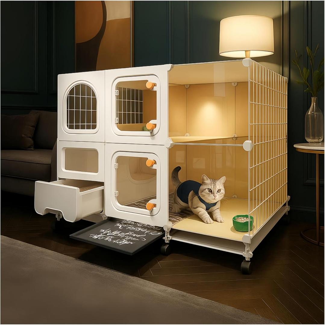 cat cage Indoor with Litter Box, Complimentary Bed, Bowl,Cleaning Three Piece Set,Large cat Enclosure, Cat House with Wheels Outdoor,Small Animal Cage cat Kennel (White, 41.8(L) x18.1(W) x32.3(H))