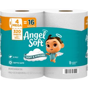 Angel Soft Toilet Paper, 4 Mega Rolls = 16 Regular Rolls, Soft and Strong Toilet Tissue, 320 Sheet