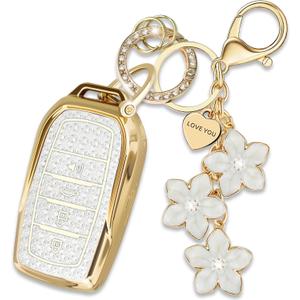 White TPU Key Fob Cover with Sakura Flower Keychain Compatible with Toyota Sequoia Land Cruiser Venza RAV4 Prime Hilux Tundra Corolla Fortuner Grand Highlander 4-Button Smart Key for Women