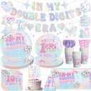 170pcs 10th Birthday Decorations for Girl, Double Digits Birthday Girl 300gsm Thickened Plates and 2 Tablecloths for Parties and Gatherings In My Double Digits Era Tableware Set Serves 25
