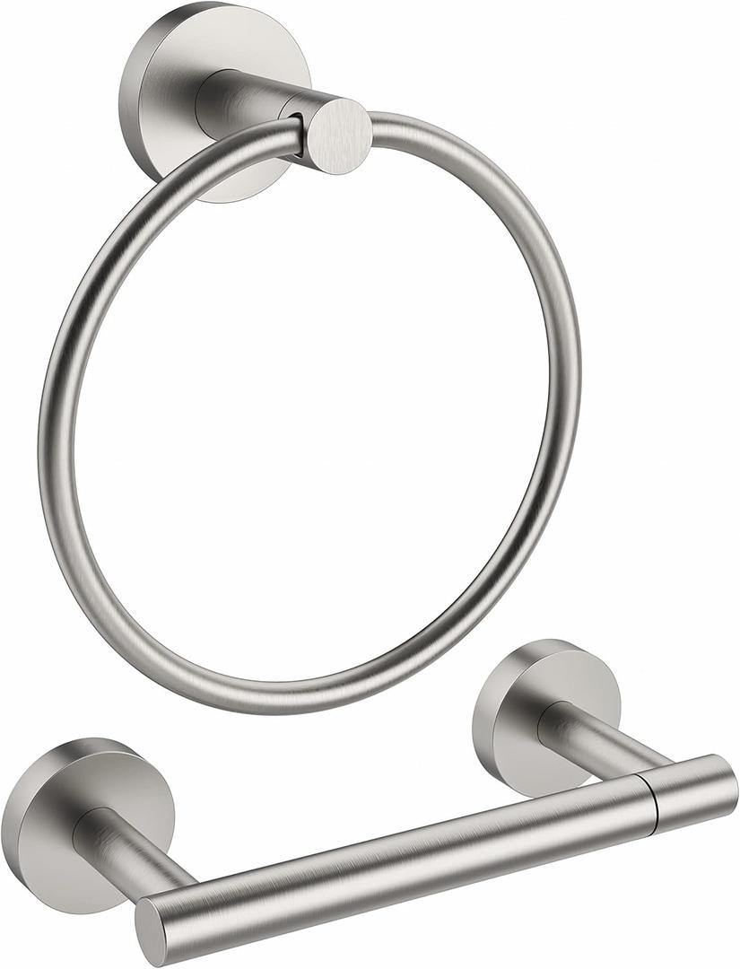 Brushed Toilet Paper Holder & Towel Ring SUS304 Stainless Steel 2pc Bathroom Hardware Set with Double Post Pivoting Toilet Paper Roll Holder Wall Mount & Bathroom Towel Holder Set