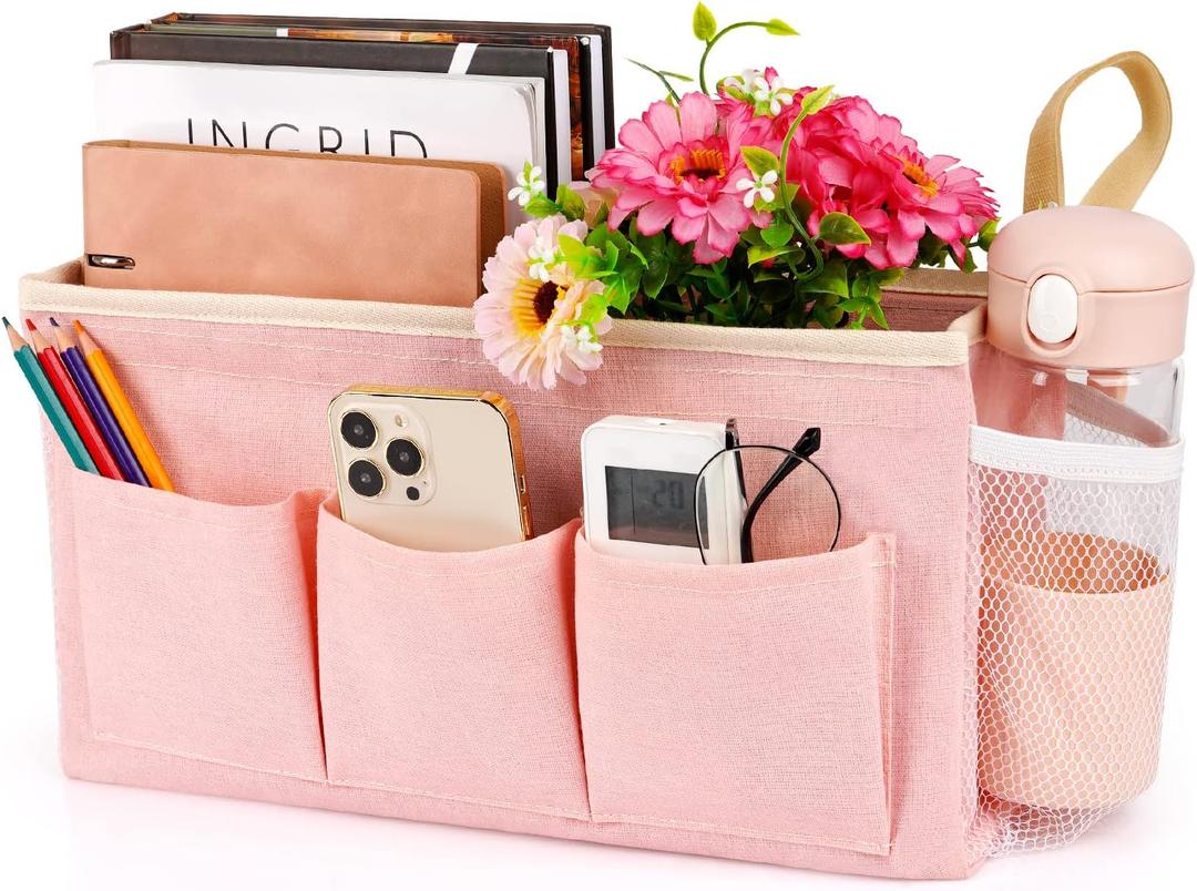 Lilithye Bedside Organizer with Fixed Straps and Water Bottle Holder for Home, College, Dorm, Bunk, Hospital, Crib, Bed Rails - Pink