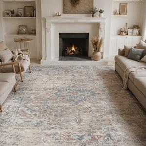 DEXI Area Rugs for Living Room, 8x12 Washable Low Pile Vintage Rug for Bedroom, Non Slip Large Indoor Floral Carpet for Dining Office Nursery, Beige