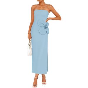 ZESICA Women's Summer Strapless Bodycon Maxi Dress 2025 Ribbed Knit Backless Floral Tube Cocktail Party Long Dresses (Large, Blue)