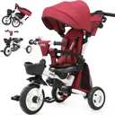JMMD 8 in 1 Tricycle Stroller with Push Handle, Foldable Trike with 360 Swivel Seat, Reclining Backrest, All-Terrain Wheels, Dual Brakes, Canopy & Storage, Gift for Kids 18 Months to 5 Years, Red