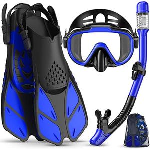 Ubekezele Snorkeling Gear for Adults Men Women,4 in 1 Snorkel Set with Panoramic View Diving Mask Anti-Fog Anti-Leak, Dry Top Snorkel, Fins and Travel Bag for Swimming, Snorkeling and Travel Diving ML/XL 9-13, Blue