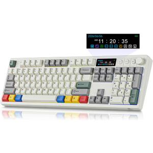 BOYI K104Pro Mechanical Keyboard with 2.2" Screen&Media Knob,QMK/VIA Custom BT5.0/2.4GHz/Type-C Gasket Mounted Hot Swap RGB Full Size Creamy Wireless Keyboard NKRO Gaming Keyboard for PC/Mac(Retro)