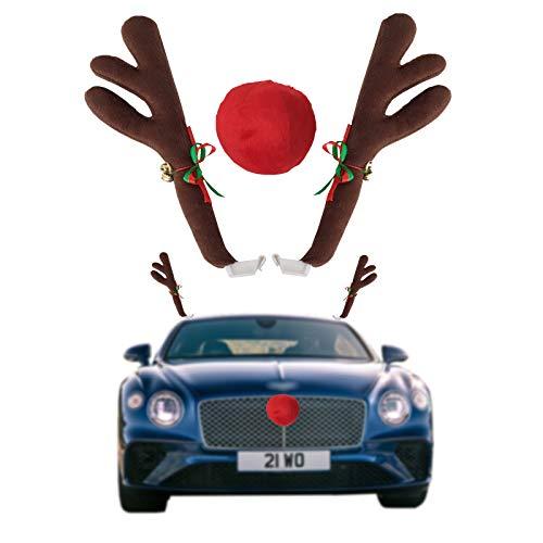 COLORCASA Car Reindeer Antlers & Nose - Window Roof-Top & Grille Rudolph Reindeer Jingle Bell Christmas Costume - Auto Accessories Decoration Kit Best for Car SUV Van Truck, Xmas Gift Set (Brown)