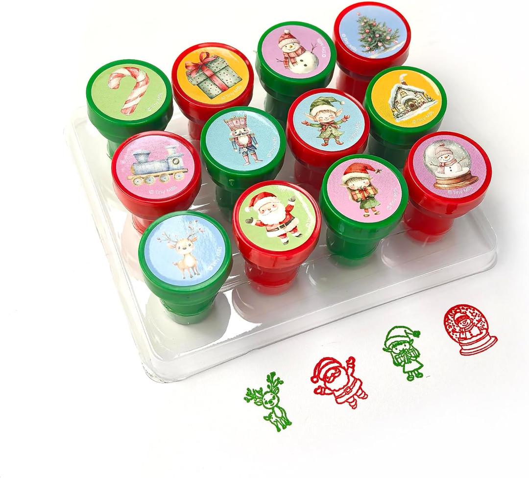 TINYMILLS 12 Pcs Rustic Christmas Stamper Kit  Cute Vintage Self-Inking Holiday Stamp Set with Santa, Elf & Snowman Designs, Fun Christmas Party Favors, Classroom Rewards, Stocking Stuffers