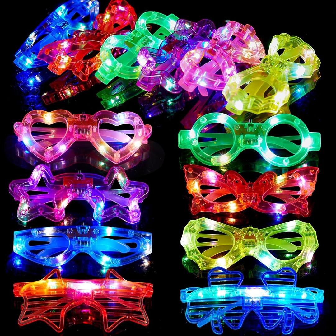24 Packs Halloween Party Favors LED Glasses for kids Glow in the dark Party Supplies, 8 Shapes Light up Glasses New Year Eve Party Supplies