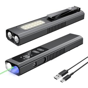 EDC Flashlight 4 in1 Magnetic Flashlight High Lumens Work Light with Green Beam & UV & Warning Light Combo EDC Flashlight Rechargeable LT-010 (Black)