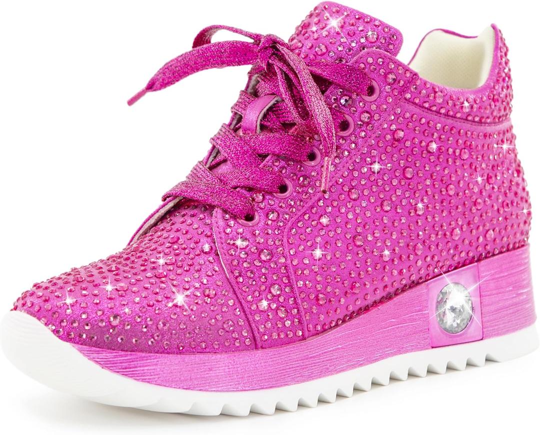 Women's Fashion Glitter Sneakers Platform Wedge Shoes Sparkly Rhinestone High Top Sneakers Trendy Sequin Shoes Wedding Bride Dress (8.5, Pink)