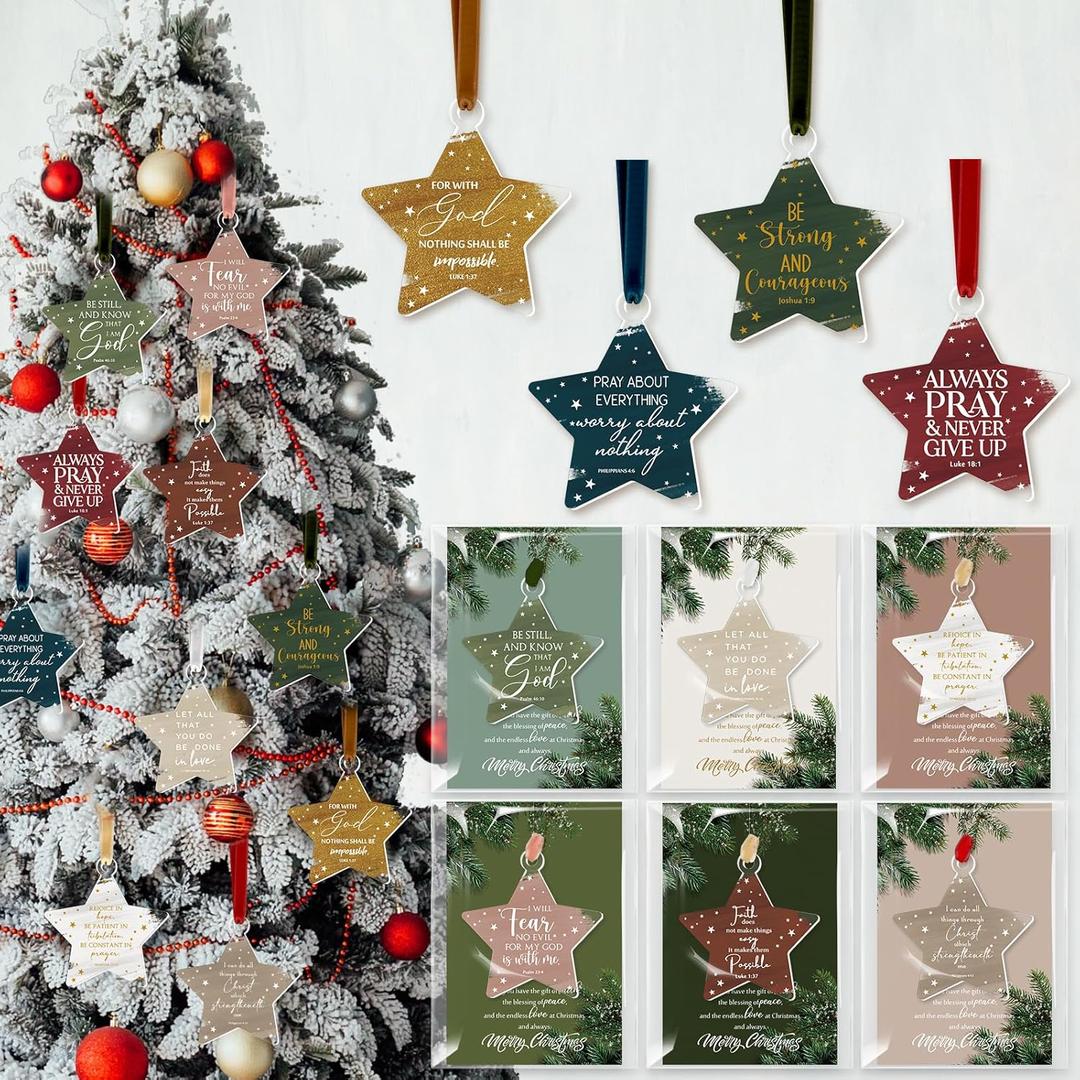 50 Set Christian Christmas Tree Ornaments Inspirational Acrylic Hanging Ornament for Xmas Tree Watercolor Bibles Verse Gifts with Merry Christmas Cards for Women Men Church (Classic Star)