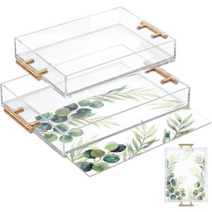 2 Pack Acrylic Serving Tray with Gold Handles 11"x14" 12''x16'' Clear Tray Customizable Bottom Replaceable Photos for Coffee Table Bar Bathroom(Green Leaves)