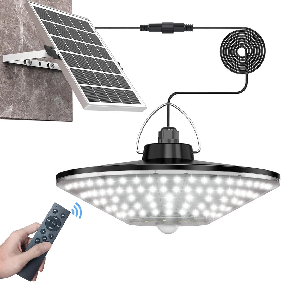 Solar Shed Light Outdoor Indoor Solar Powered Motion Sensor Light 198LED 1200LM Daytime Work Light with 5 Lighting Modes Remote Control IP65 Waterproof Solar Hanging Barn Ligh for Home Gazebo Shop (Black)